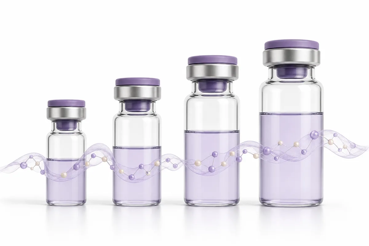 Four vials in a row linked by a molecular ribbon, illustrating the amylin analog drug class