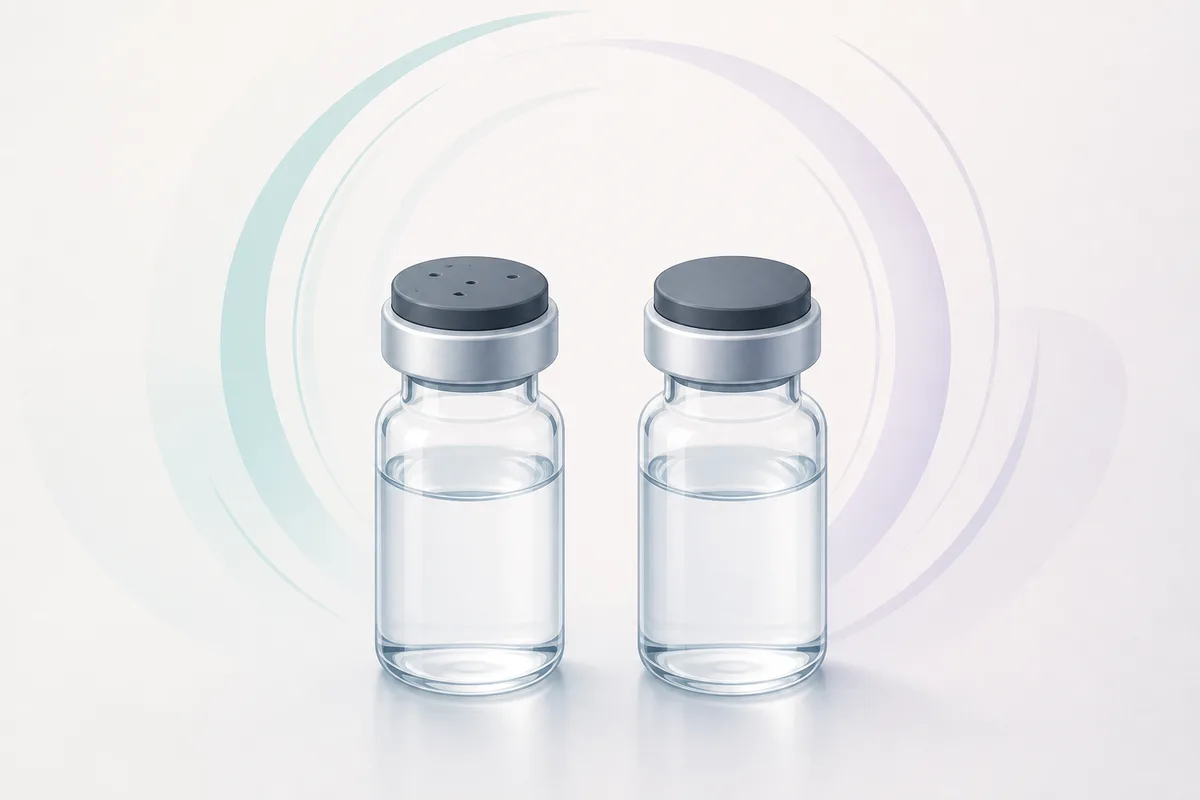 A bacteriostatic water vial and a sterile water ampoule side by side with a 28-day calendar strip running between them.