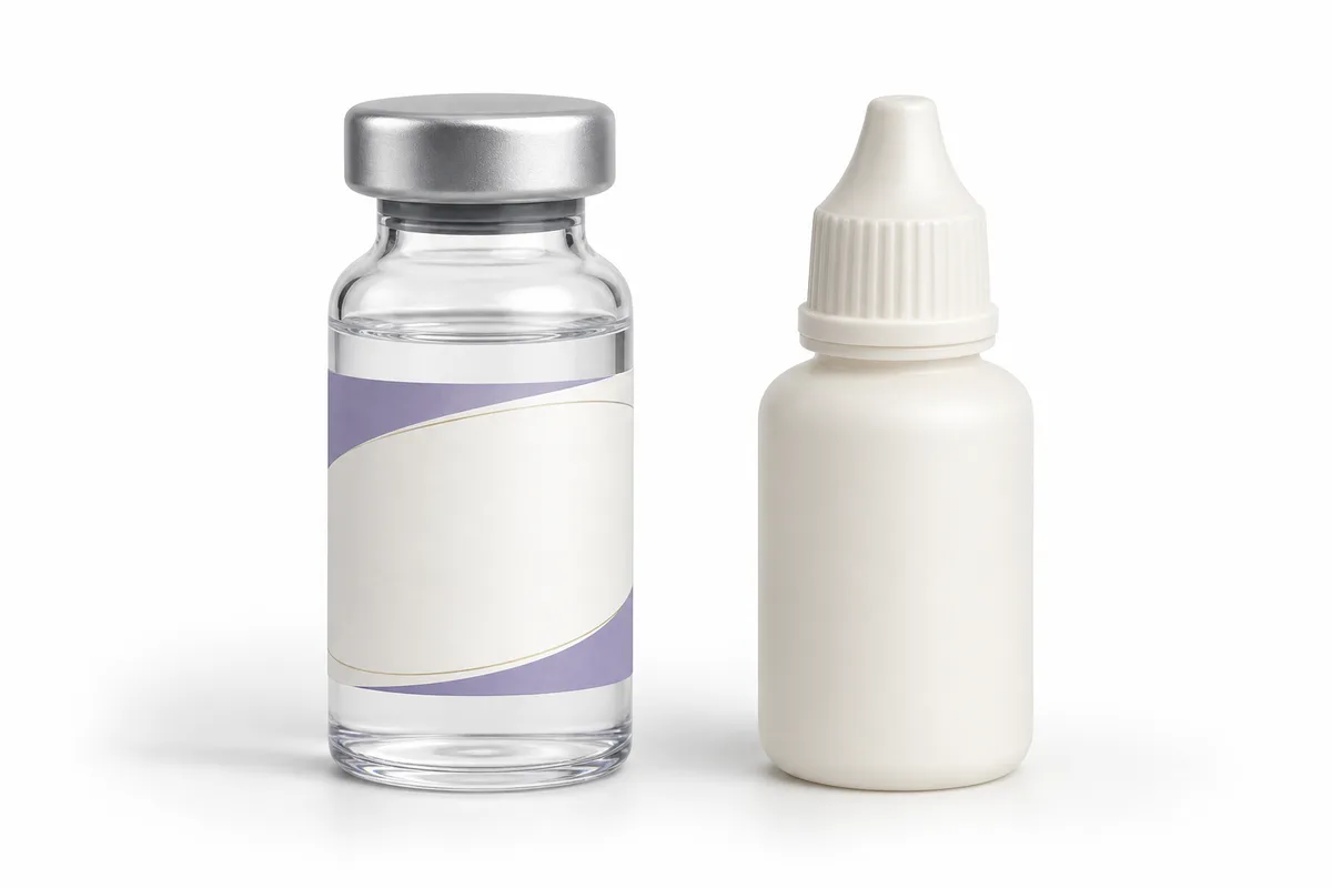 A sealed glass vial of bacteriostatic water with a crimped stopper beside a lyophilised peptide vial