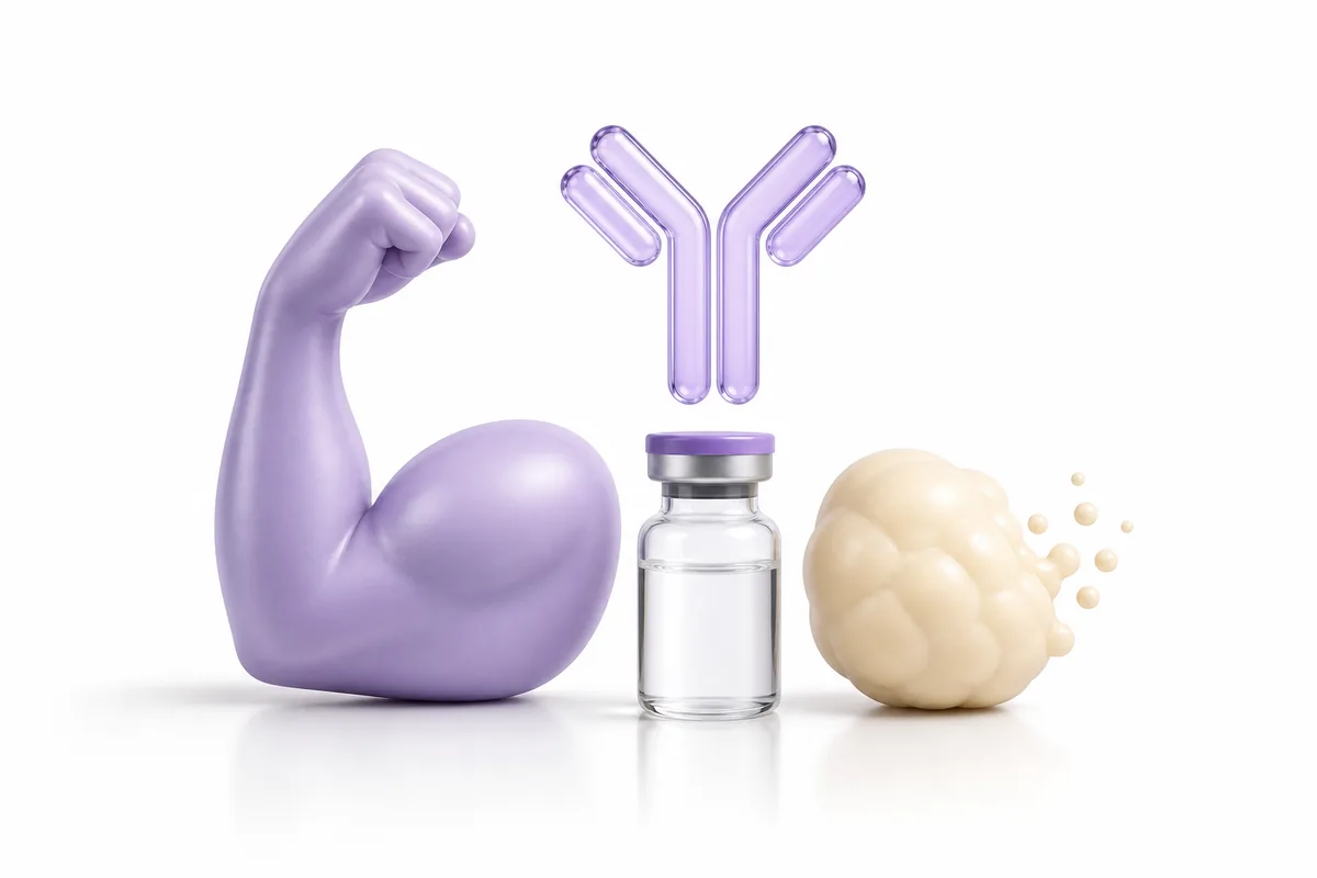 A preserved flexed muscle beside a shrinking fat form with a vial and antibody symbol, illustrating the bimagrumab and semaglutide combination