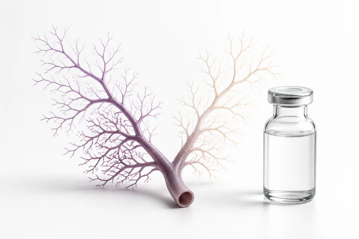 A branching network of blood vessels splitting into two diverging paths, illustrating the BPC-157 angiogenesis and cancer-risk debate