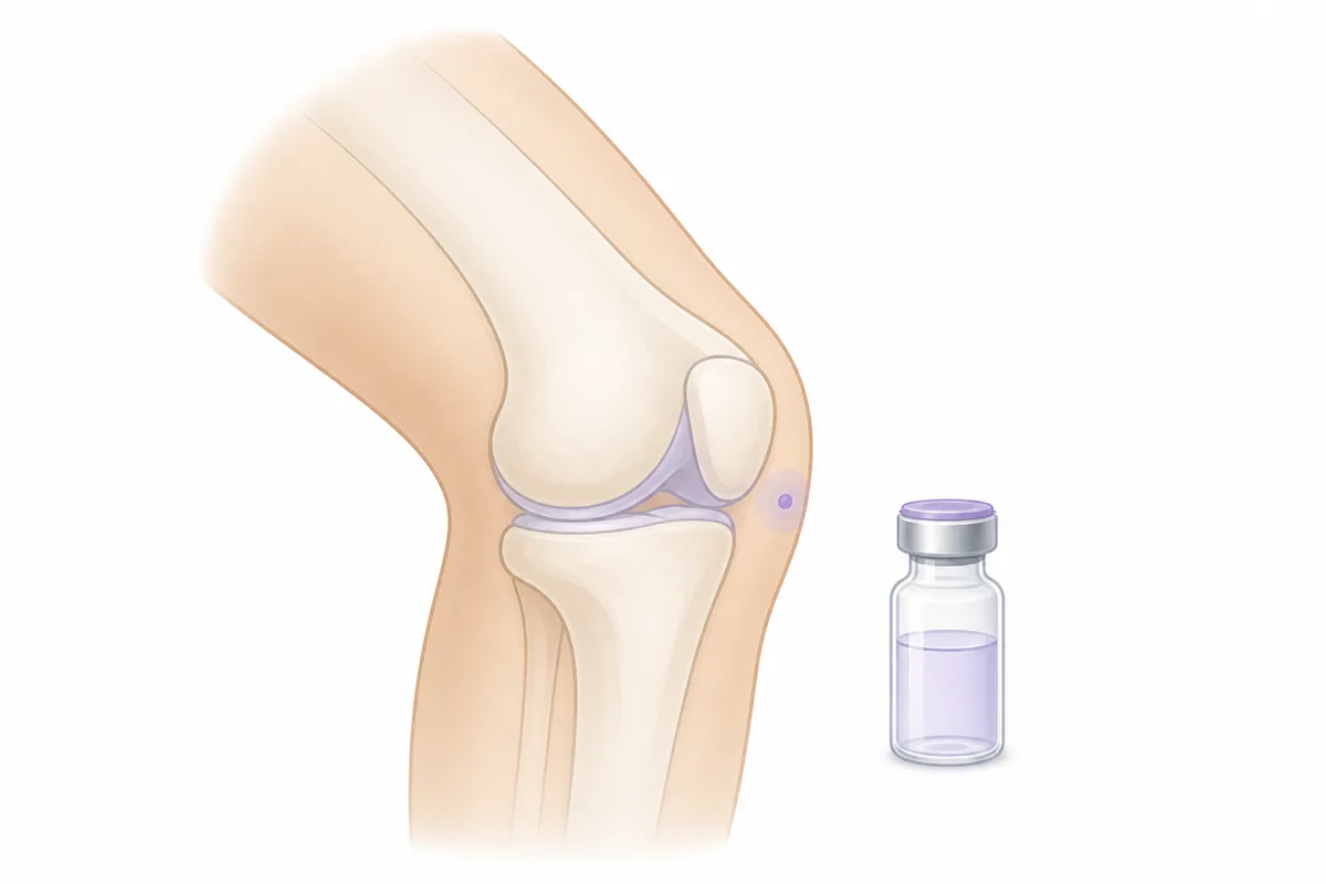 A knee with an injection point beside a BPC-157 vial