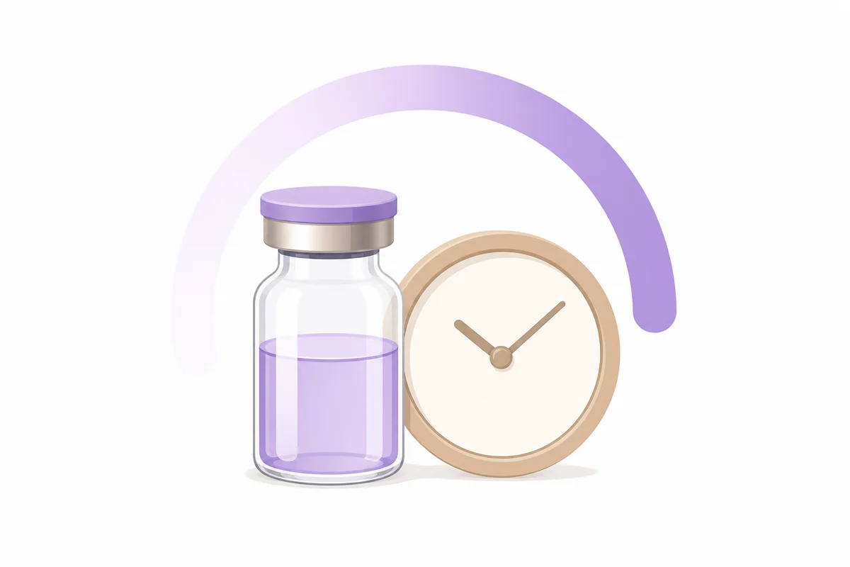 A BPC-157 vial beside a clock and a healing progress arc