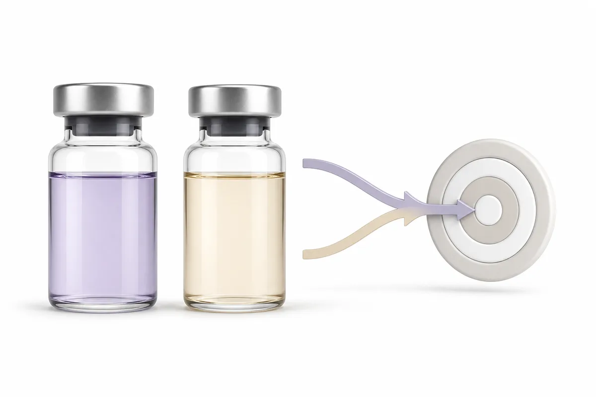 A cagrilintide vial and a retatrutide vial side by side, illustrating the four-pathway cagri-reta research stack