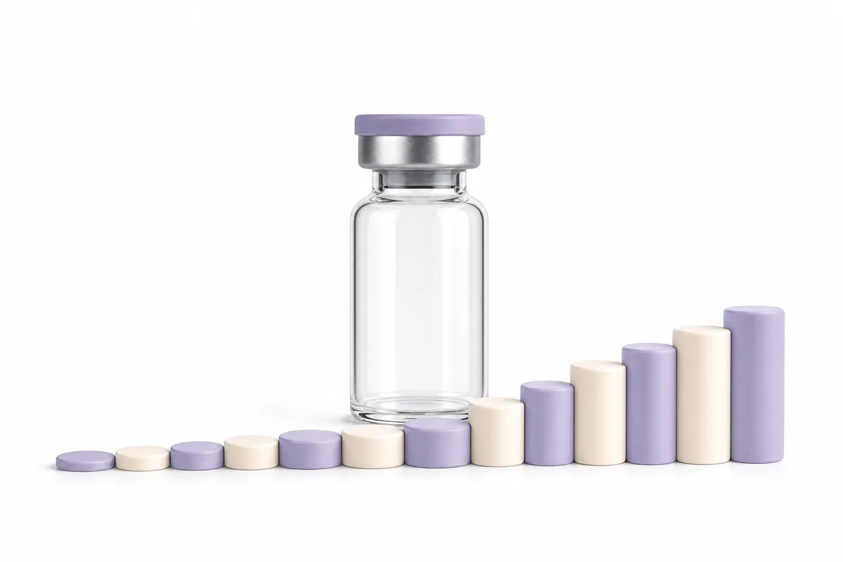 A dose-escalation ladder beside a cagrilintide vial, illustrating weekly amylin-analog titration