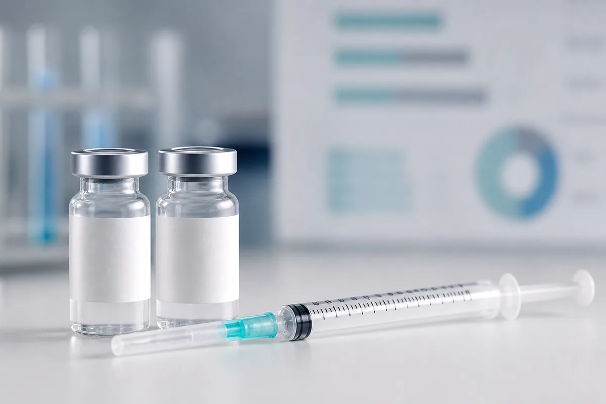 Reconstituted CJC-1295 and ipamorelin vials beside an insulin syringe and a dosing chart.