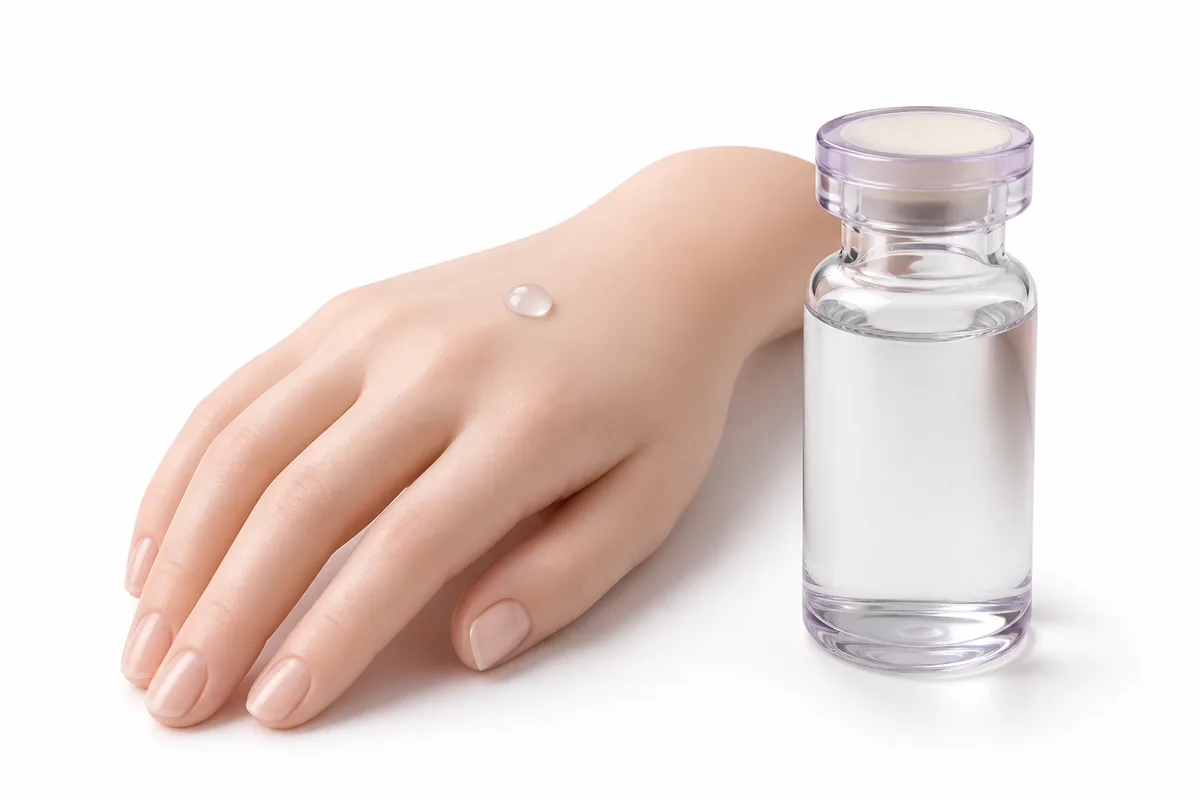 A swollen hand with a water droplet beside a peptide vial, illustrating CJC-1295 and ipamorelin water retention