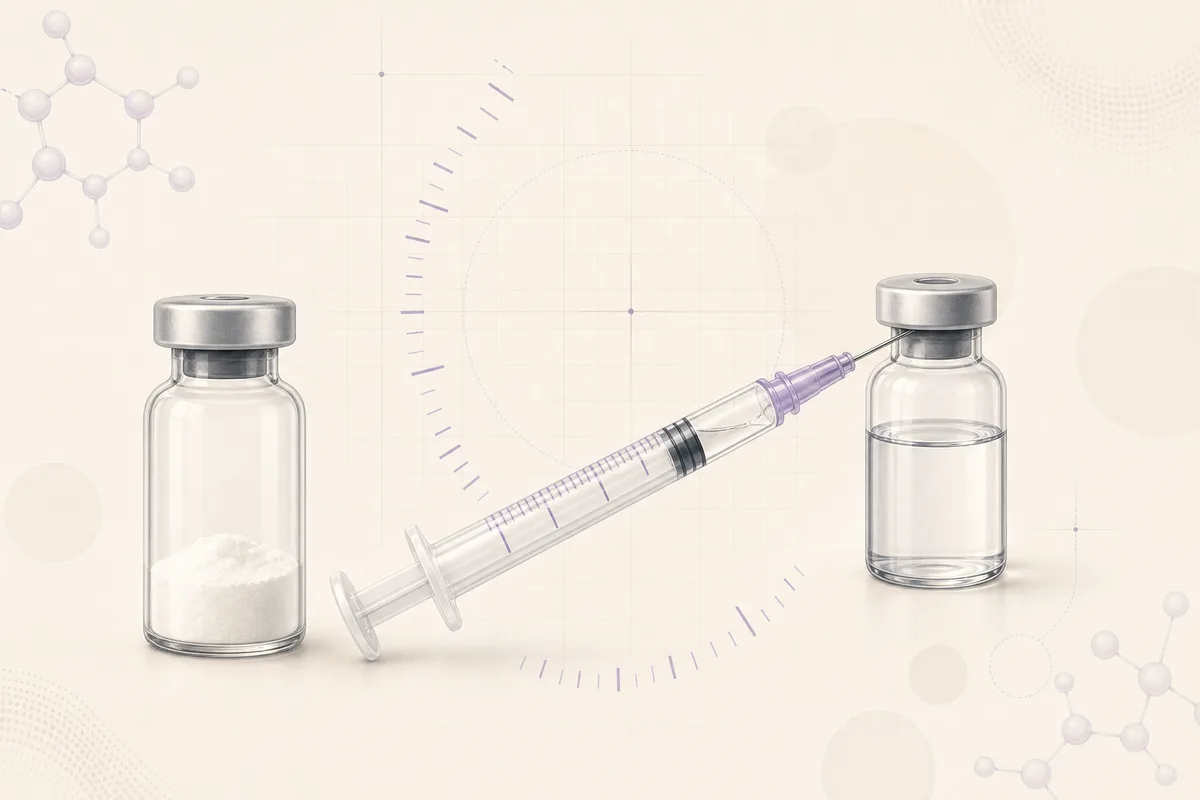 A peptide vial, an insulin syringe and bacteriostatic water with faint measurement grid lines, illustrating CJC-1295 reconstitution maths