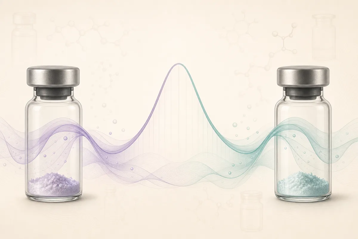 Two peptide vials facing each other, their contents forming two complementary halves of a single growth-hormone pulse curve