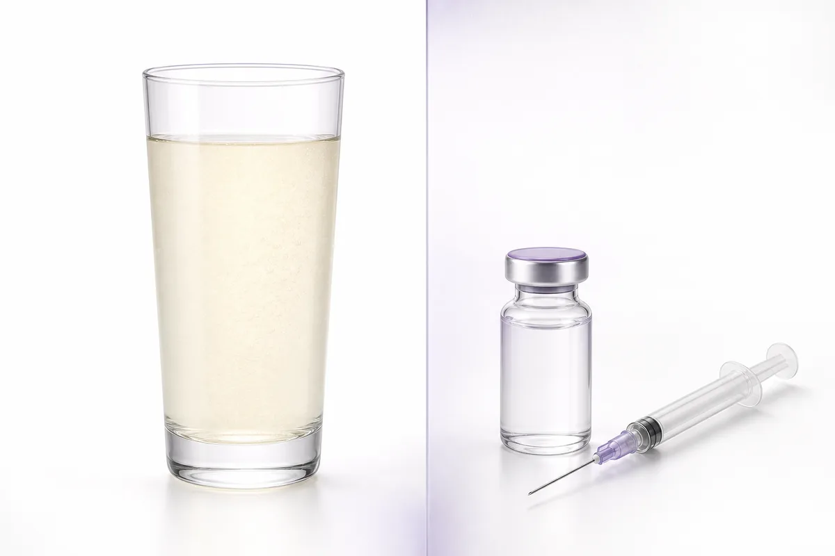 A glass of dissolved collagen on the left and a research vial with syringe on the right, illustrating collagen peptides versus research peptides