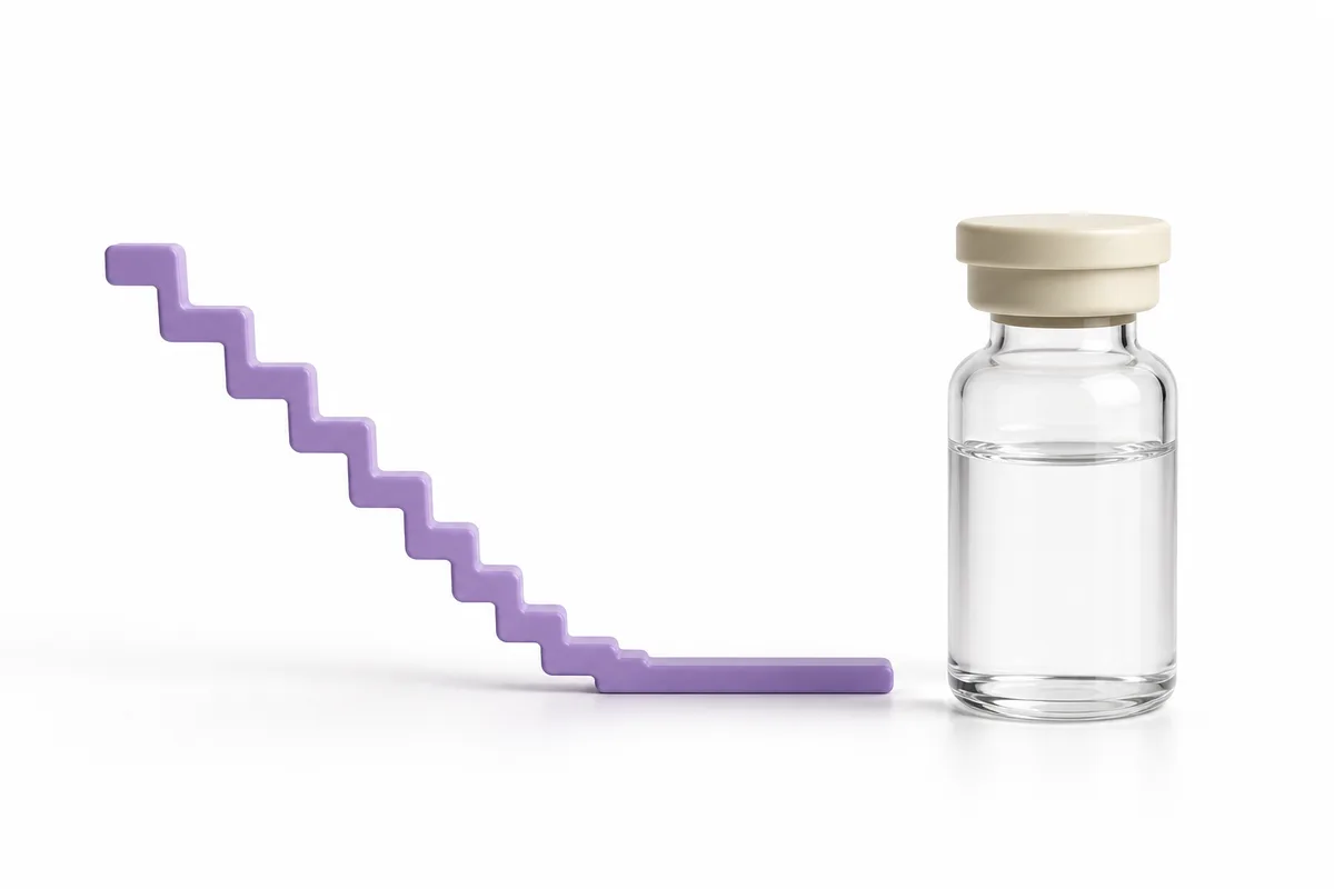 A row of retatrutide vials with a descending dose gradient beside a calendar