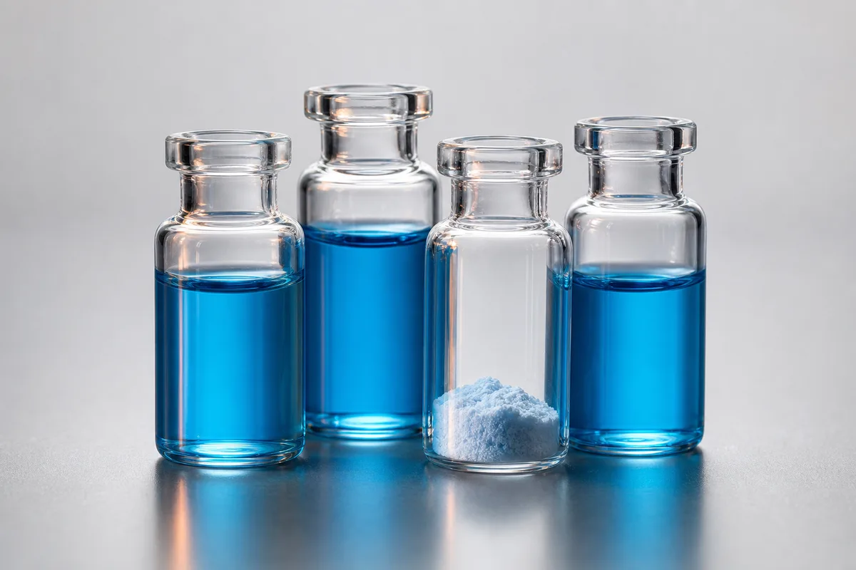 Laboratory vials holding clear blue copper-peptide solution on a neutral background with teal and copper accents