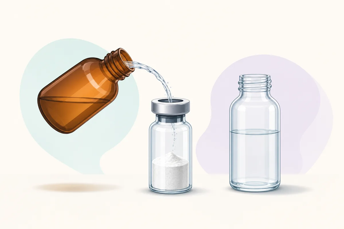 A dihexa vial beside an amber DMSO bottle, a bacteriostatic water vial, and an insulin syringe drawn to a small volume.