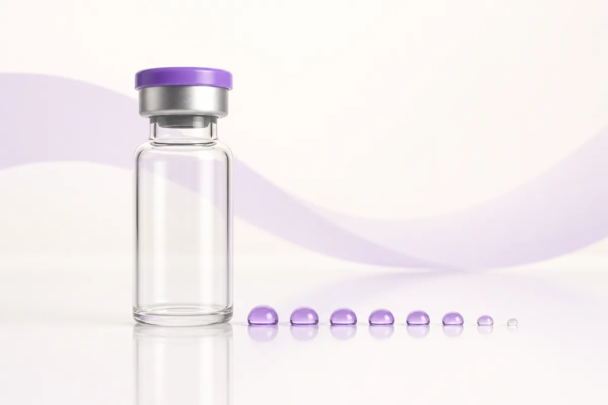 A peptide vial beside a row of violet droplets that shrink and fade toward the end, illustrating fewer usable doses than the label suggests
