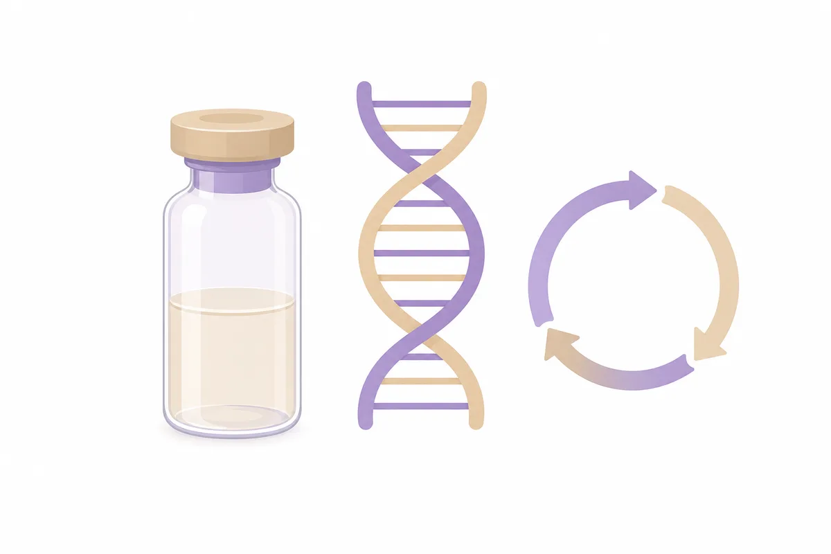 An epithalon vial beside a DNA helix and a cycle arrow