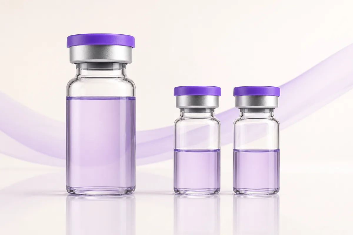 One full peptide vial beside two smaller vials each holding half the volume, illustrating a weekly dose split in two
