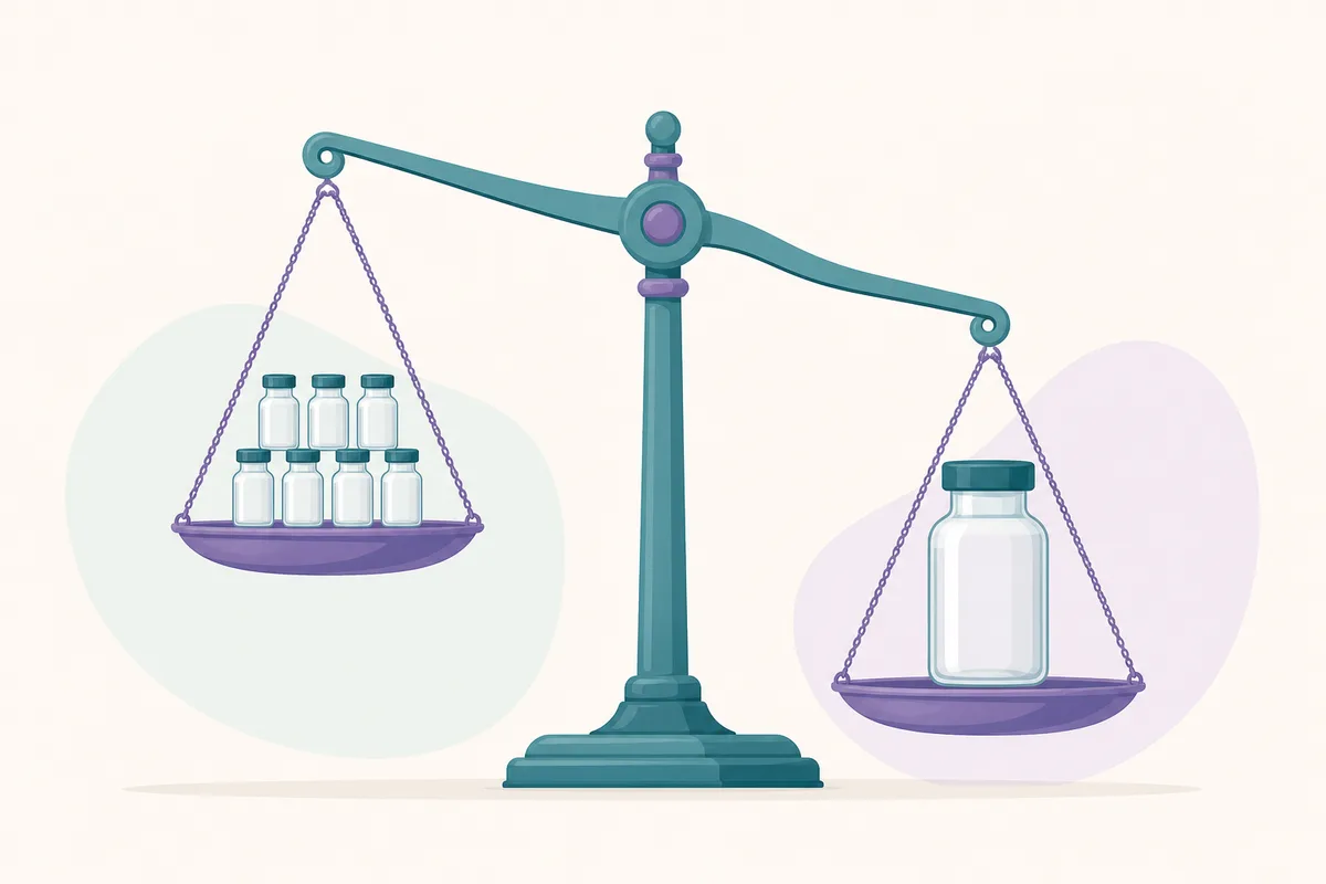 Nine growth hormone secretagogue vials arranged in ascending size beside a descending cost-per-milligram ladder and a euro price label.