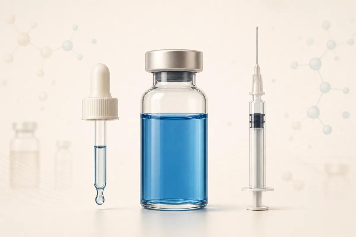 A peptide vial of blue copper-tripeptide solution flanked by a dropper and an insulin syringe, showing GHK-Cu topical and subcutaneous routes