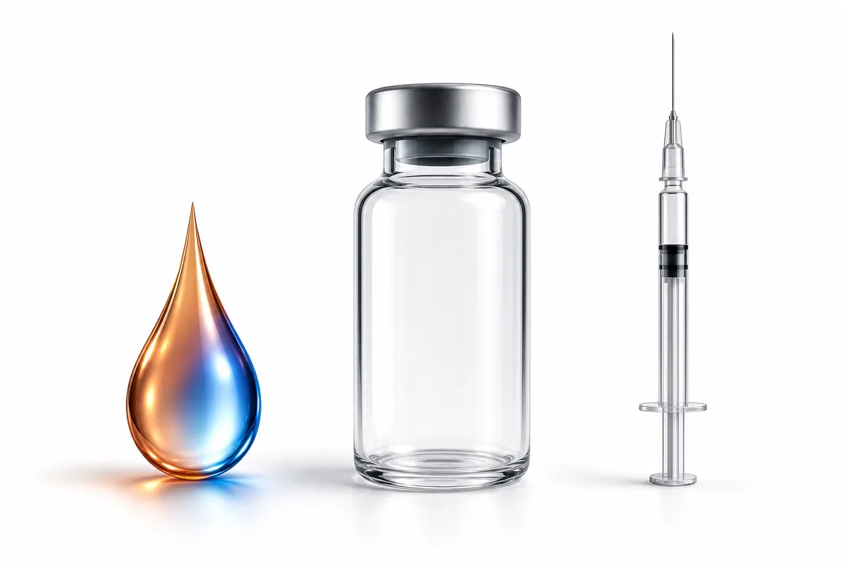 A copper-blue droplet opposite a syringe with a vial between them, illustrating GHK-Cu topical versus injectable routes