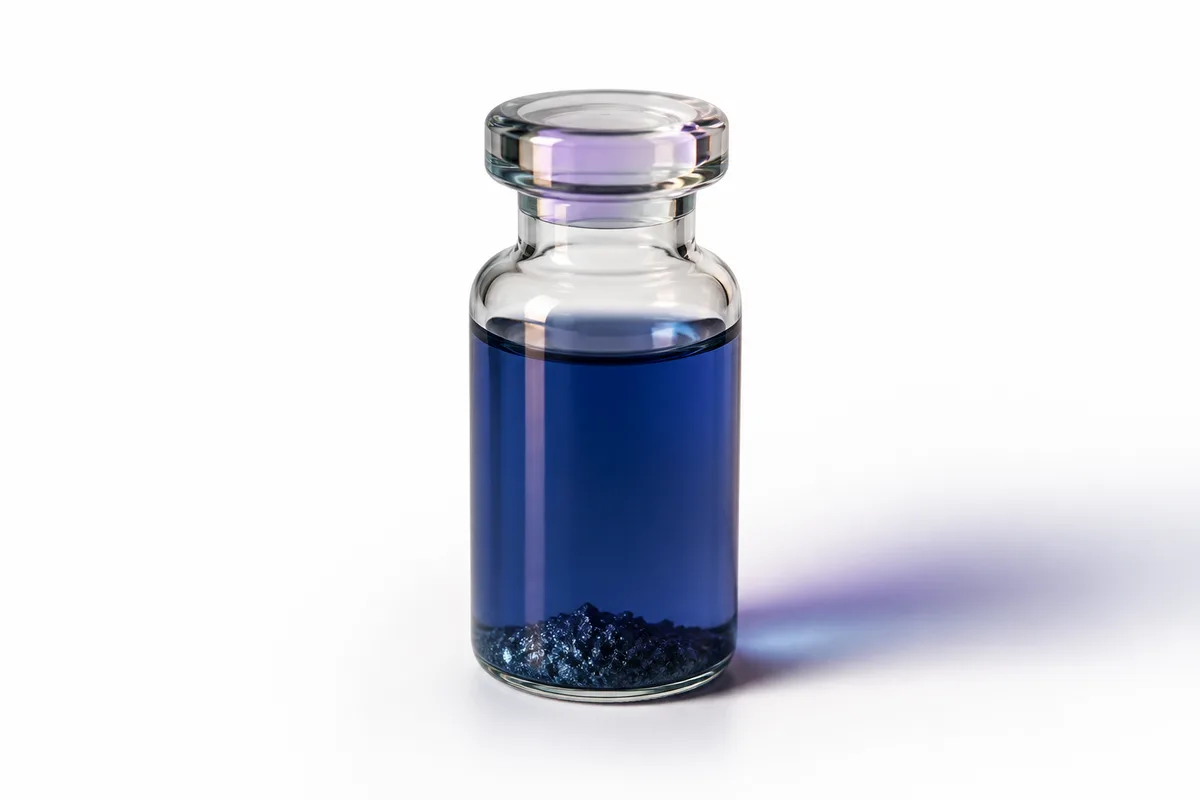 A deep blue GHK-Cu vial beside a syringe and a scattering of copper-toned crystals, illustrating copper peptide troubleshooting