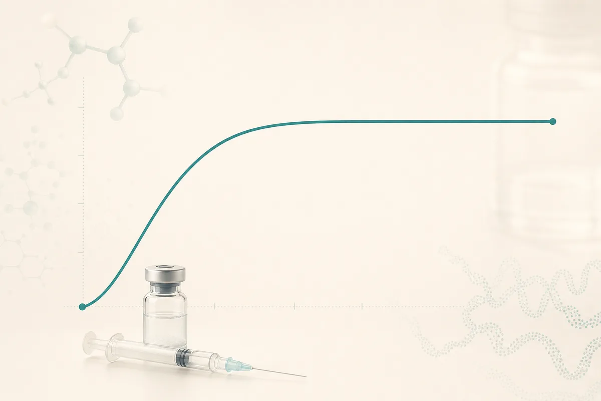A dose-response curve rising then plateauing beside a vial and insulin syringe, illustrating the GHRP-2 saturation dose