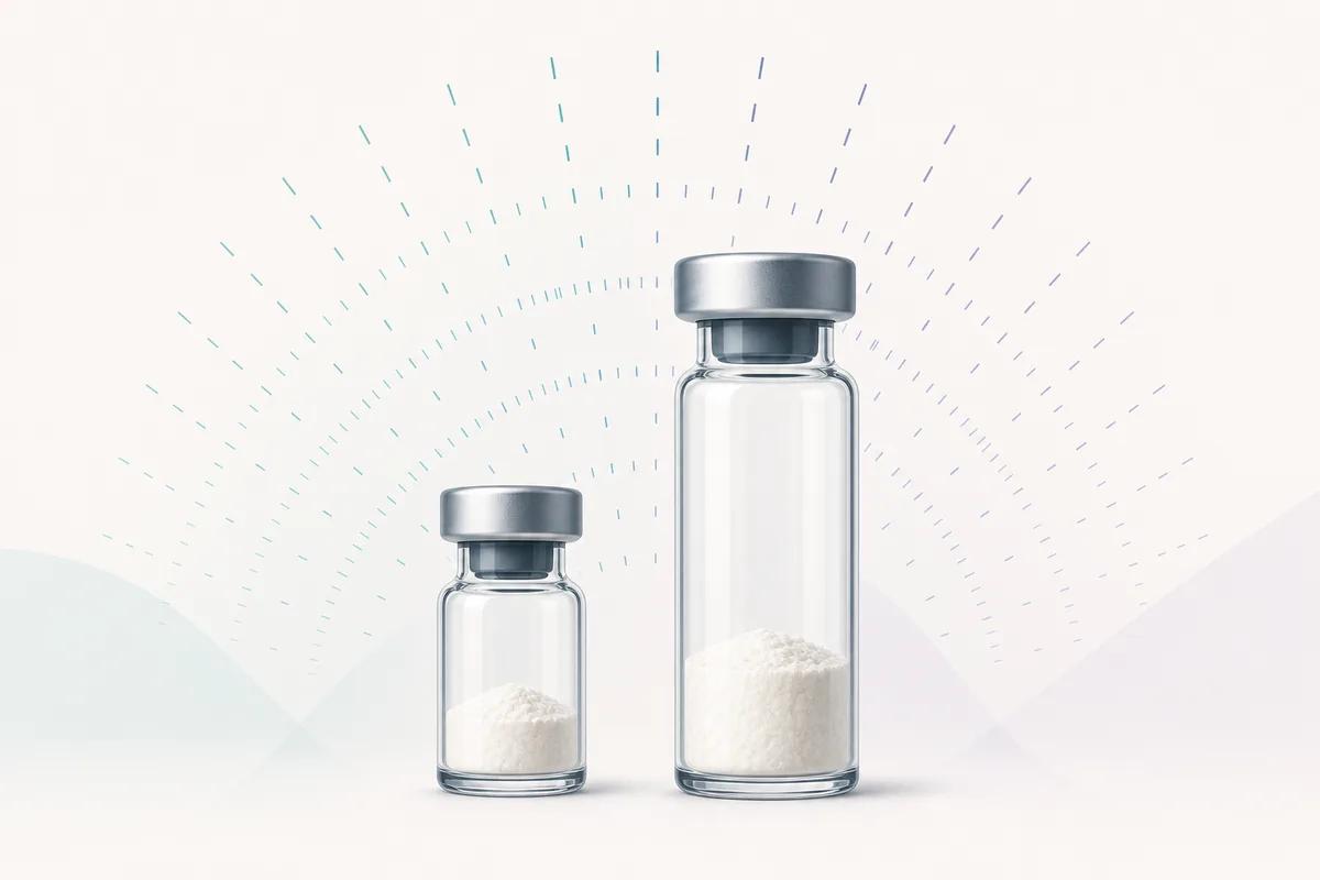 A GHRP-6 5mg and 10mg vial pair beside a U-100 insulin syringe and a printed microgram-to-units dosing chart.