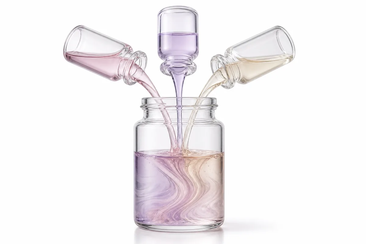 Three tinted vials flowing into one larger vial, illustrating the GLOW and KLOW peptide blends