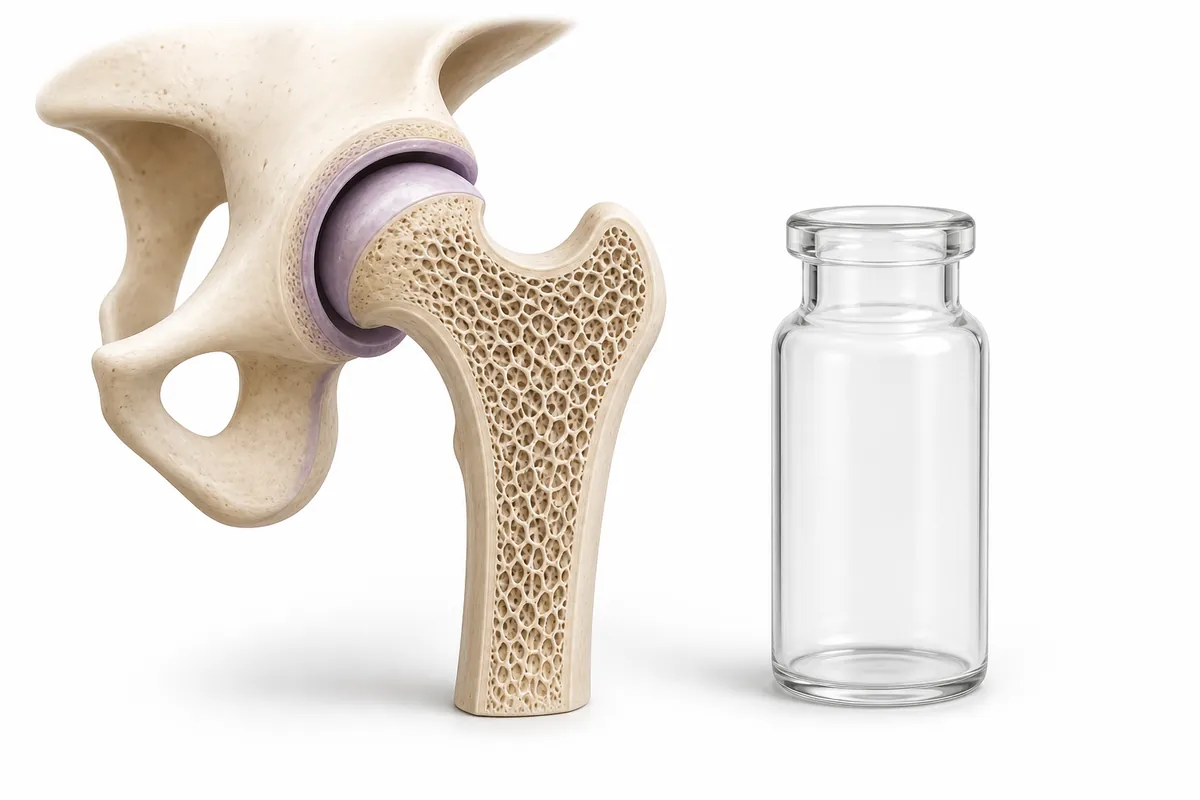 A stylized femur and hip bone with a subtle honeycomb interior beside a peptide vial, illustrating GLP-1 research on bone mineral density and fracture risk