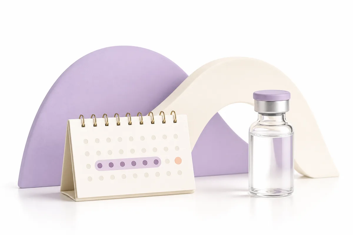 A calendar and a positive pregnancy test beside a GLP-1 injector pen, illustrating conception timing and washout windows