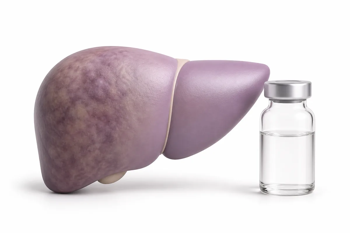 A stylized liver clearing from mottled to clean beside a peptide vial, illustrating GLP-1 research on fatty liver disease (MASH)