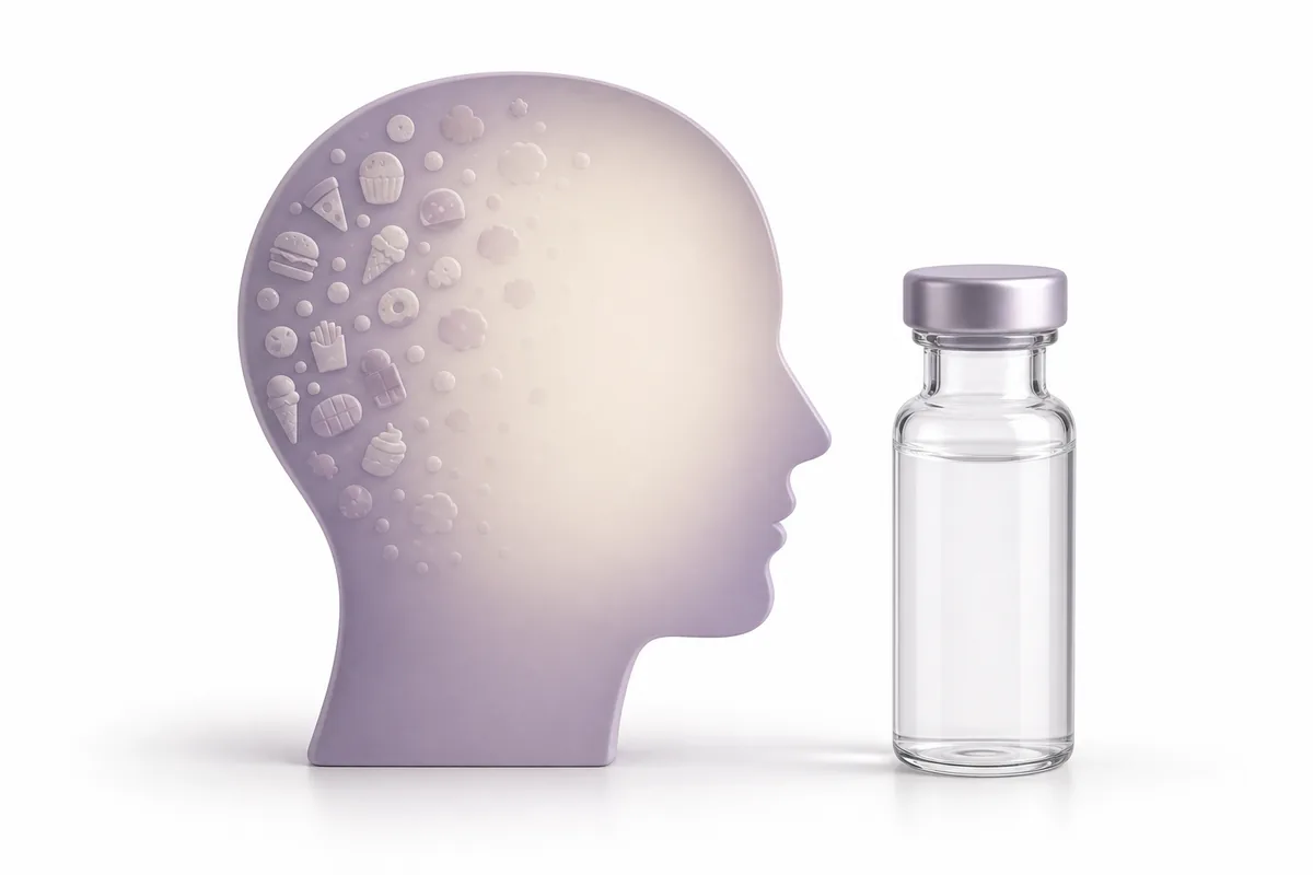 A head silhouette with food thoughts fading to quiet beside a vial, illustrating how GLP-1s reduce food noise