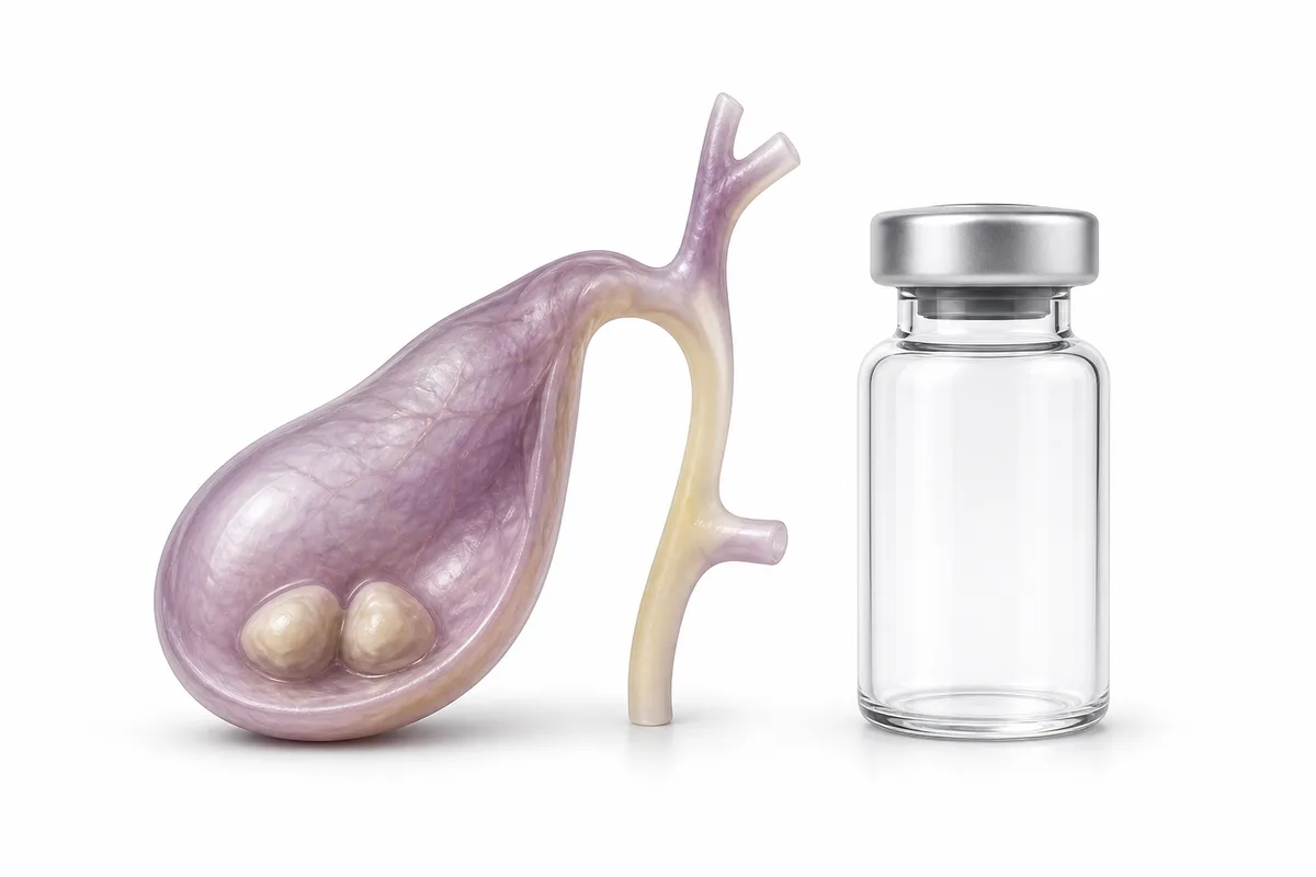 An anatomical illustration of the gallbladder beside a GLP-1 pen, highlighting the upper-right abdomen