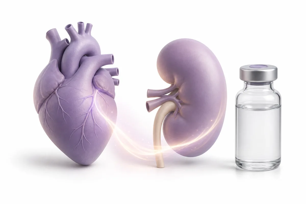 A stylized heart and kidney linked by a protective glow beside a vial, illustrating GLP-1 cardiovascular and kidney outcome research