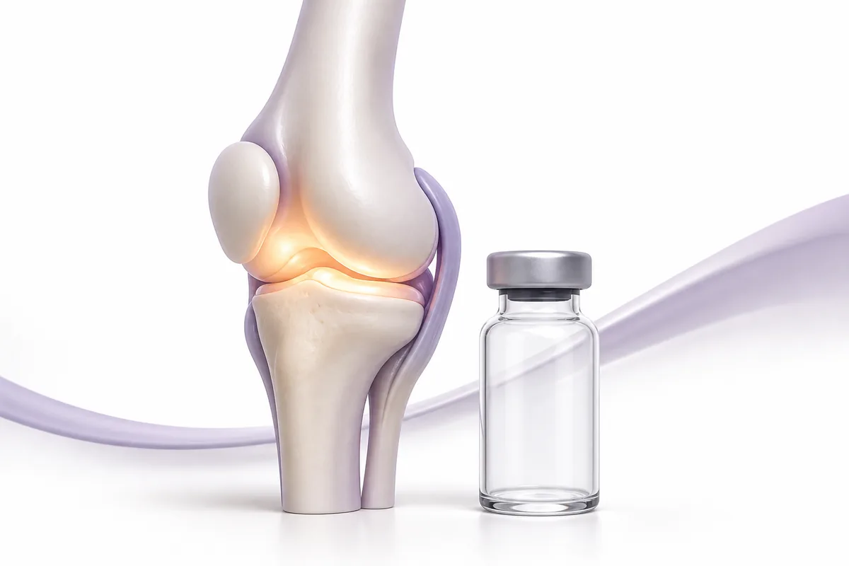 A stylized knee joint with a warm glow at the cartilage beside a peptide vial, illustrating GLP-1 research on knee osteoarthritis pain