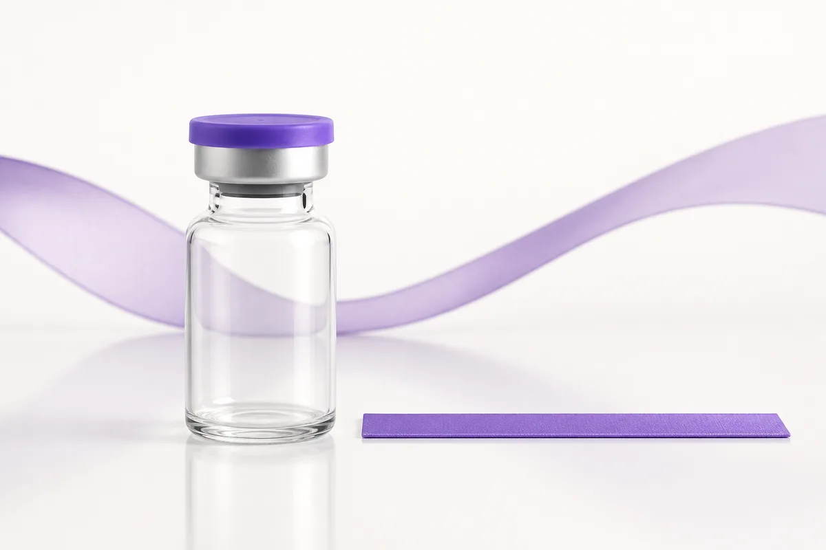 A peptide vial beside a completely flat violet bar while the background ribbon rises, illustrating an absent response