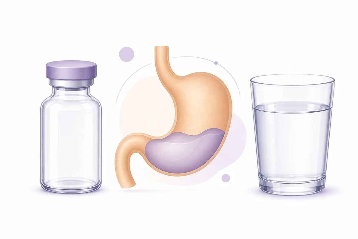 A GLP-1 peptide vial beside a stomach and a glass of water