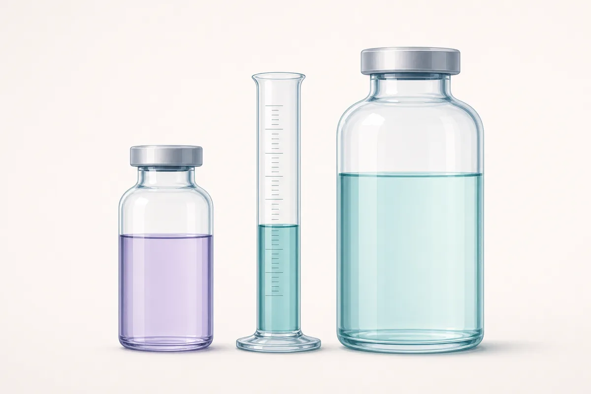 A 1500mg glutathione vial beside a 600mg vial, a graduated 3mL syringe and a calculator showing milligrams per millilitre.