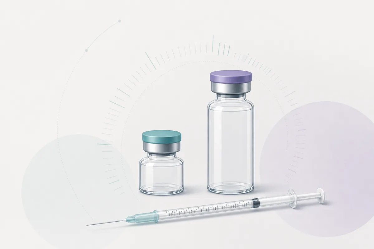 A small 2mg hexarelin vial beside a larger 5mg vial and a U-100 insulin syringe drawn to ten units, with a dosage chart behind them.