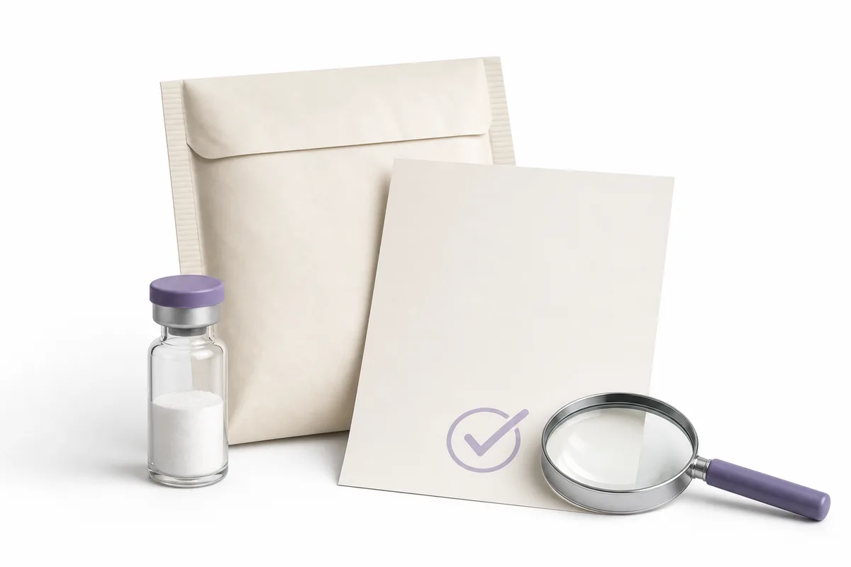 A sealed lyophilized peptide vial packaged for shipping to an independent testing lab