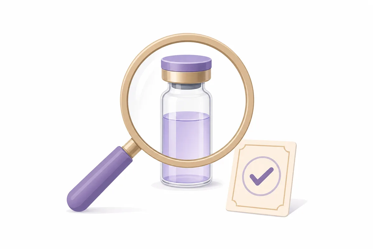 A magnifying glass over a peptide vial with a certificate