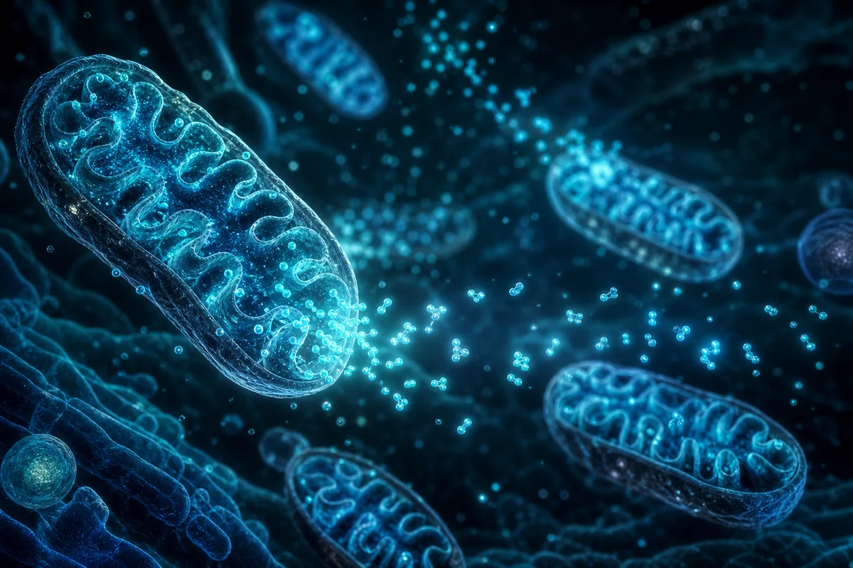 Conceptual illustration of mitochondria releasing signaling peptides across a cell.