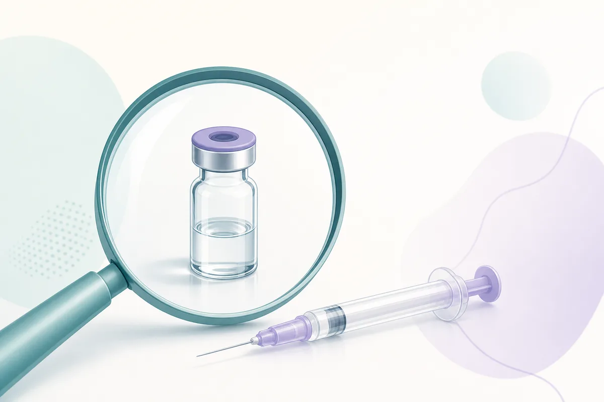A 100mcg IGF-1 LR3 vial beside a U-100 insulin syringe and a small ampoule of acidic diluent on a lab bench.