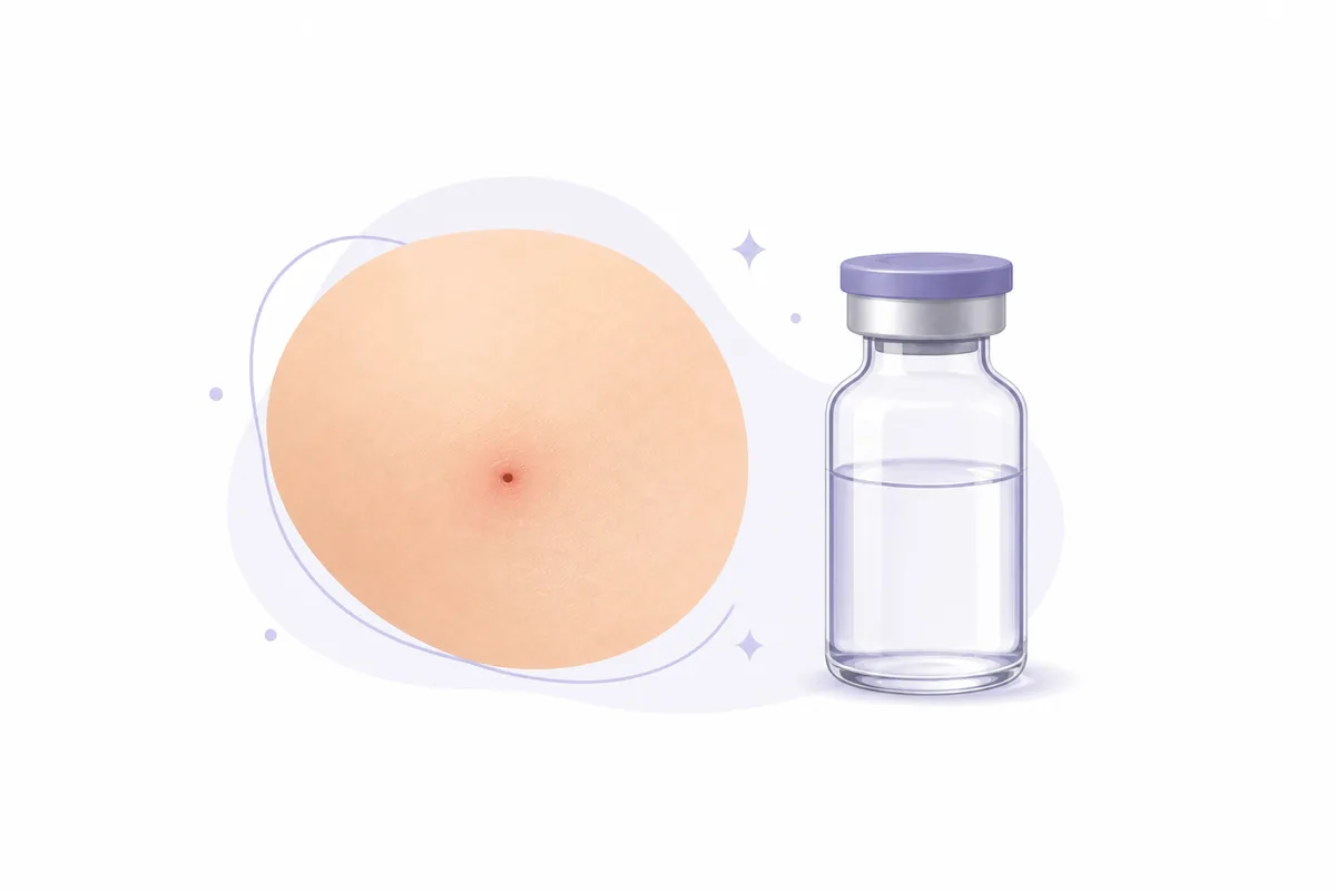 A patch of skin with an injection mark beside a peptide vial