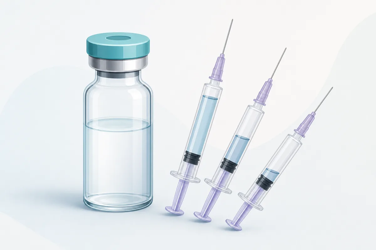 An ipamorelin 10mg vial beside a U-100 insulin syringe and a printed unit-conversion chart.