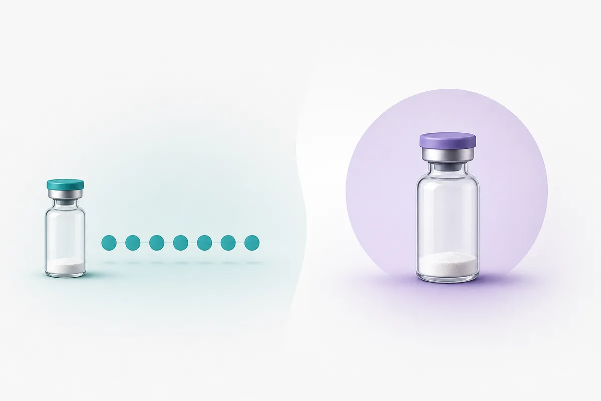 A liraglutide vial and a semaglutide vial side by side with a U-100 syringe and a dosing chart contrasting daily and weekly schedules.