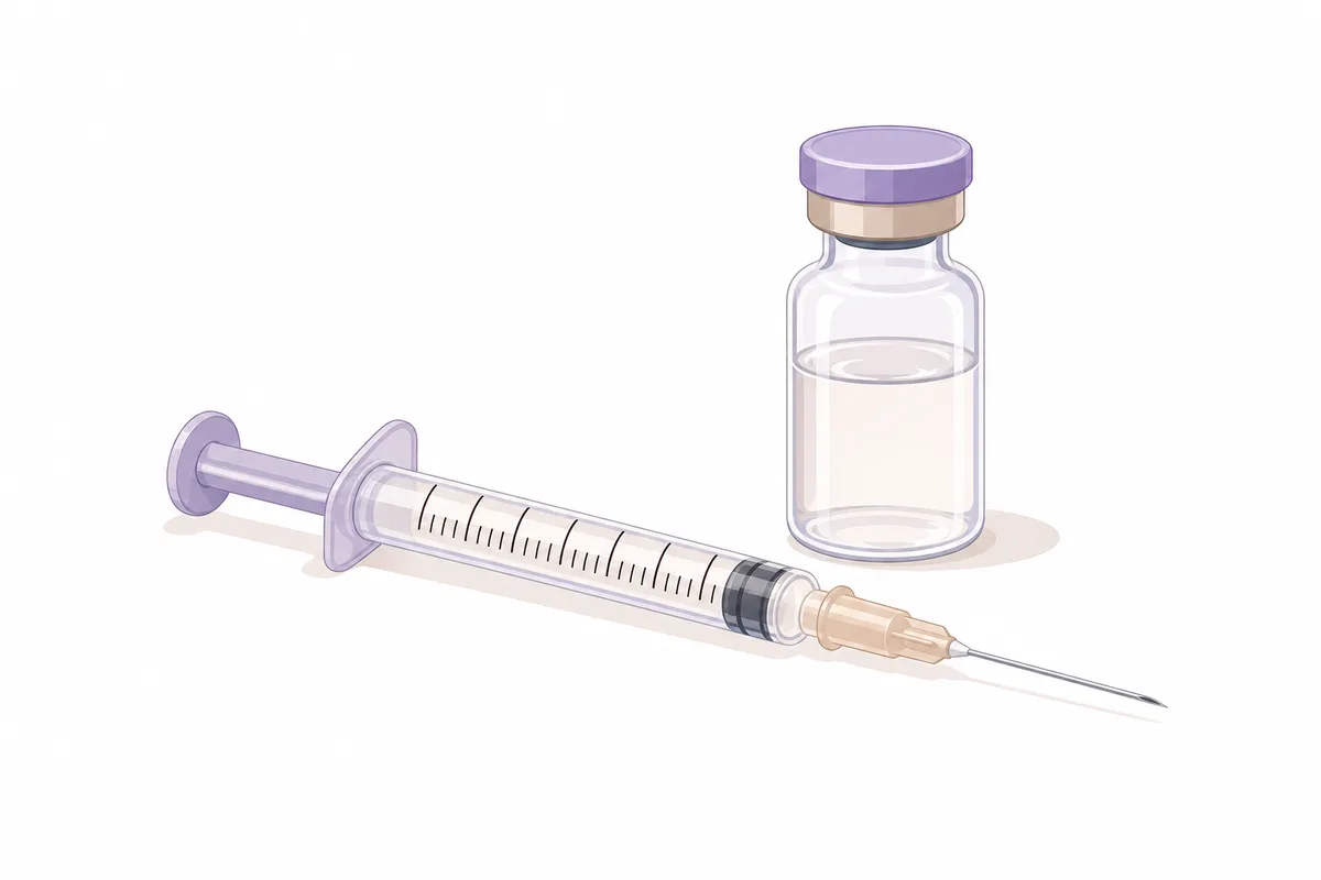 An insulin syringe with unit markings beside a peptide vial