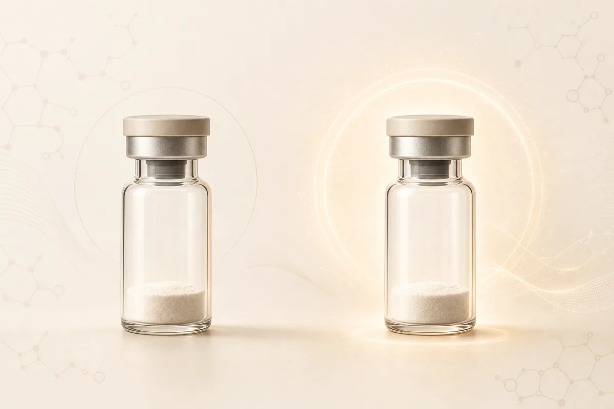 Two peptide vials side by side, the right one with a warm bronze glow ring, illustrating Melanotan 1 versus the broader-acting Melanotan 2