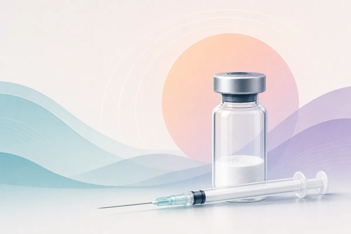 A Melanotan 2 10mg vial beside a U-100 insulin syringe and a printed chart converting microgram doses into syringe units.