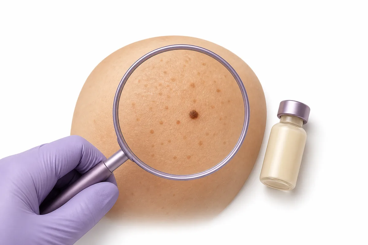 A magnifying glass over freckled skin with a darker mole, illustrating Melanotan and pigmented-lesion change