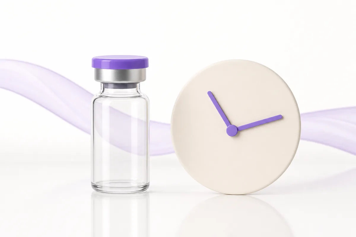 A peptide vial beside a plain sand-coloured clock face with violet hands, illustrating a missed or late dose